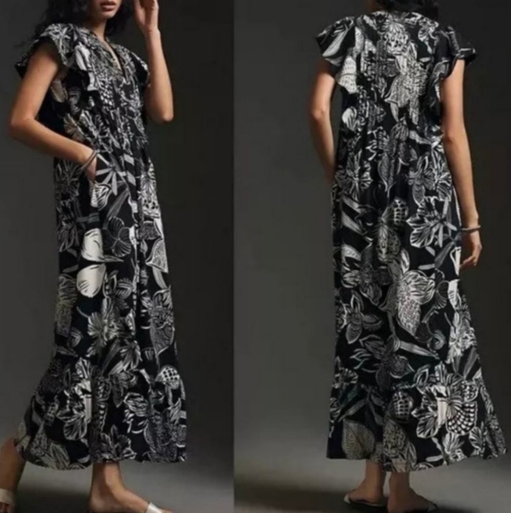 Anthropologie Maeve Cassandra Maxi Dress Black White Floral Cotton XXS